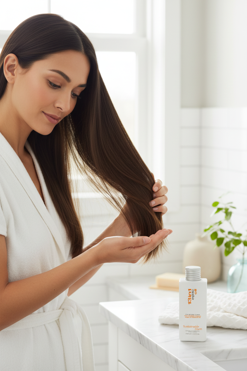 Model in modern bathroom applying hair oil